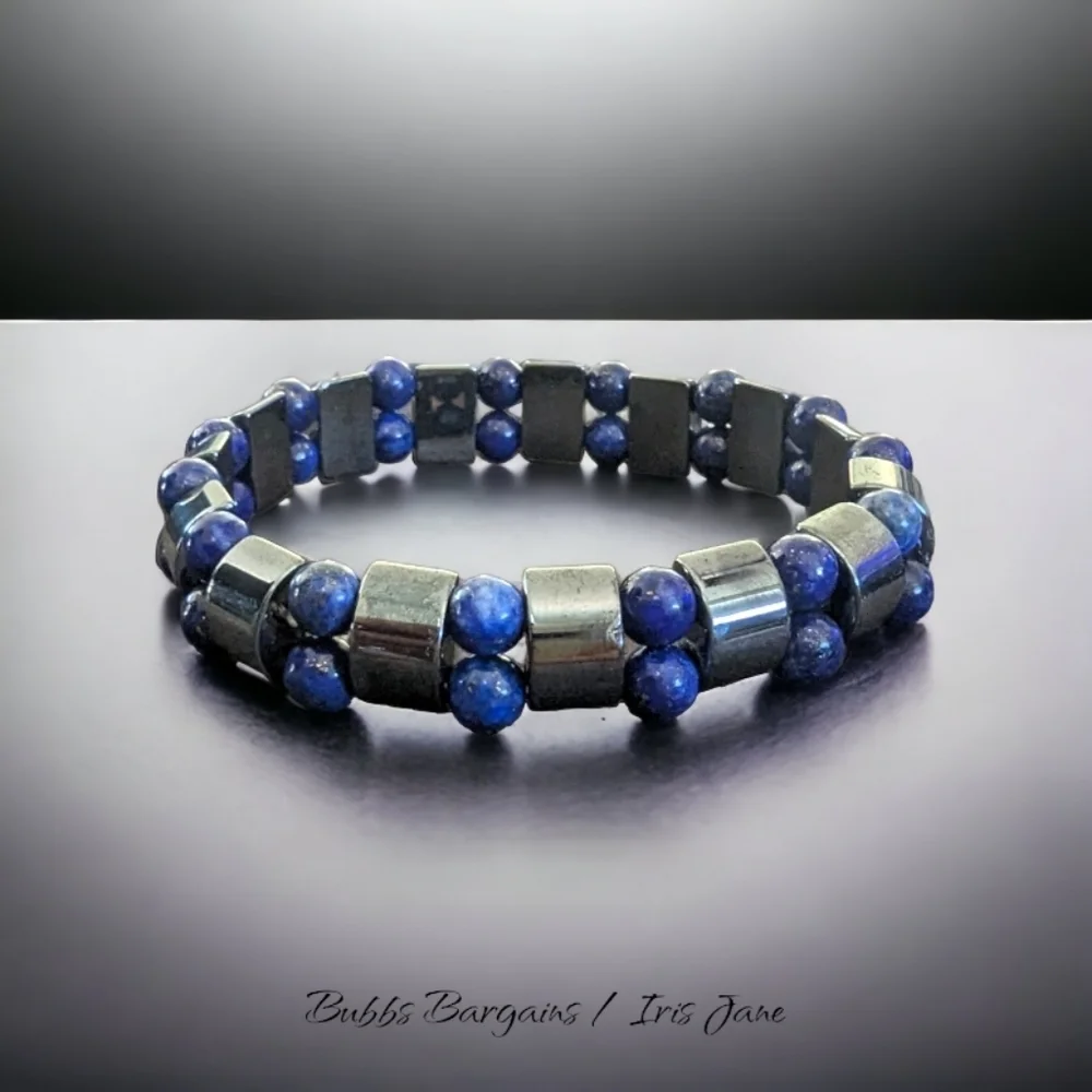Lapis Lazuli & Hematite Men's Bracelet - Natural Crystals & Stones - Picture 1 of 4